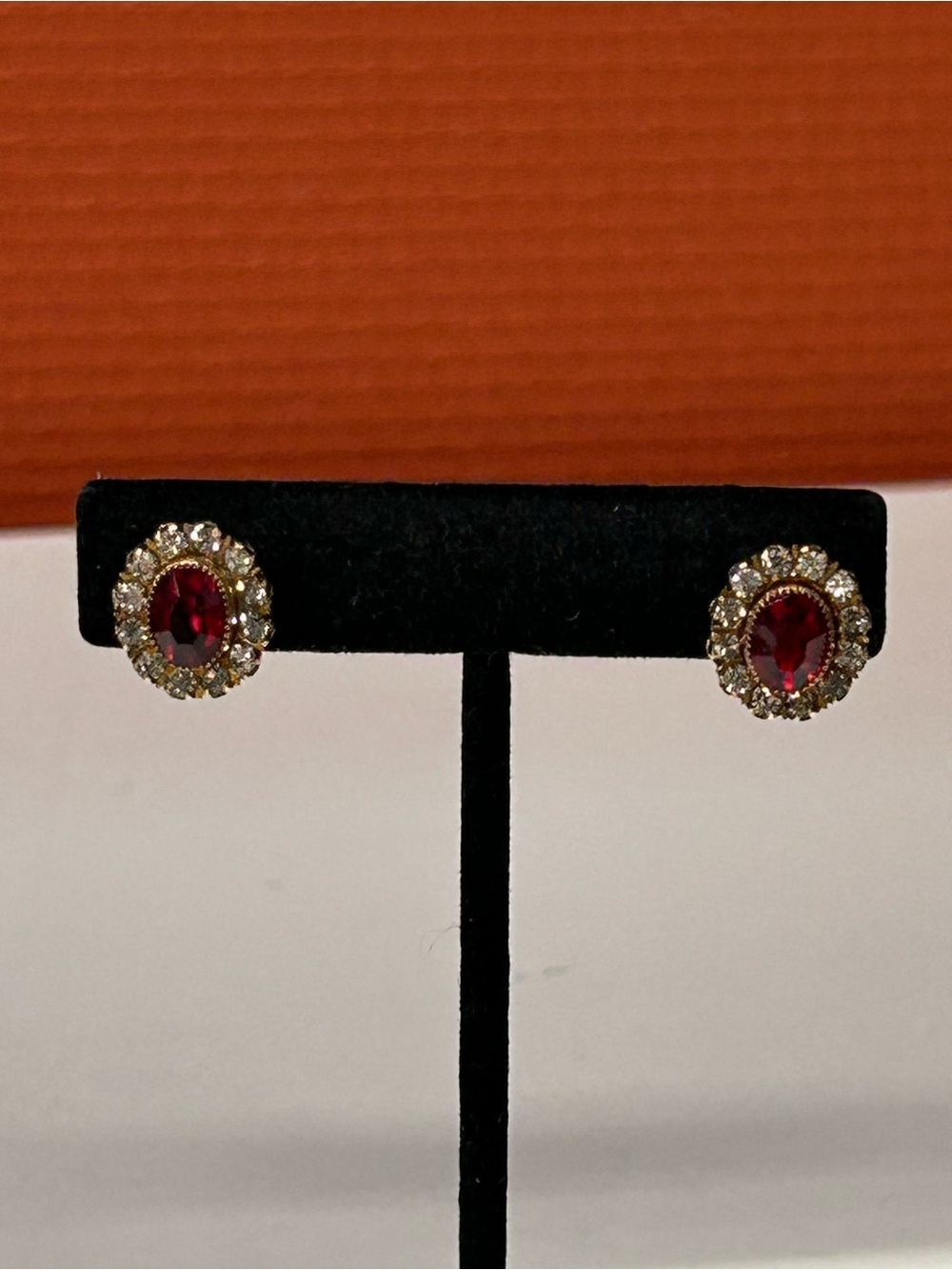 Vintage Gold Filled red and clear Rhinestone Screw Back Earrings Holidays